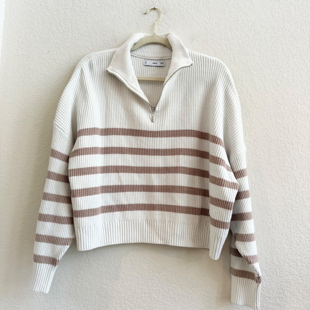 MNG‎ Mango Womens White Brown Striped Quarter Zip Ribbed Sweater Small Oversized